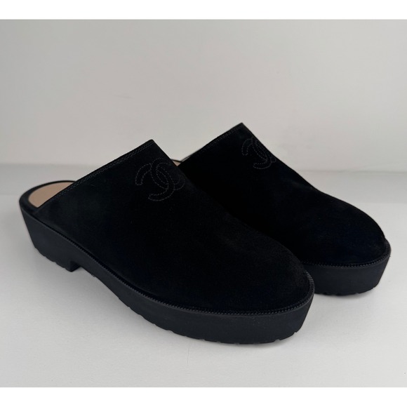 CHANEL Shoes - Chanel Interlocking CC Logo Blk Suede Mule Clogs VTG Embroidered Women's 37.5
